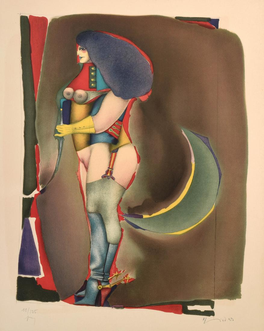 Lindner, Richard (Hamburg 1901–1978 New York) Ohne: Lindner, Richard (Hamburg 1901–1978 New York) Ohne Titel. Stehender Frauenakt von rechts. Farblithographie. 11/125. Unten rechts in Bleistift signiert. Blattgrösse 72x52 cm. Gerahmt. -Blatt gebräu