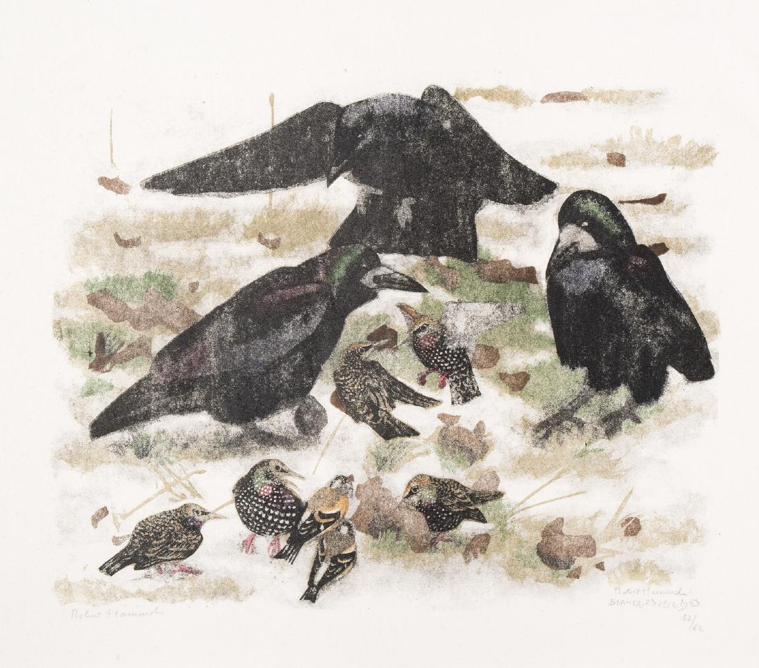 Hainard, Robert (Genf 1906–1999 Gland) Raben. 1963.: Hainard, Robert (Genf 1906–1999 Gland) Raben. 1963. Farbholzschnitt. 62/62. Unten links in Bleistift signiert. Unten rechts im Druck signiert, bezeichnet: "Bernez" und datiert: "23 Fevr. 1963". Blat