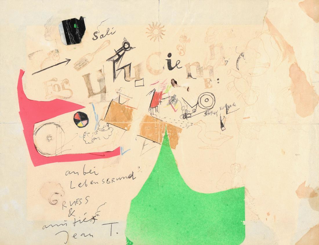 Tinguely, Jean (Fribourg 1925–1992 Fribourg) For: Tinguely, Jean (Fribourg 1925–1992 Fribourg) For Lucienne. Brief. Kugelschreiber, Stempel und Collage auf Papier. Unten links signiert. Blattgrösse 20,7x27,3 cm. Gerahmt. -Blatt gebräunt und gefal