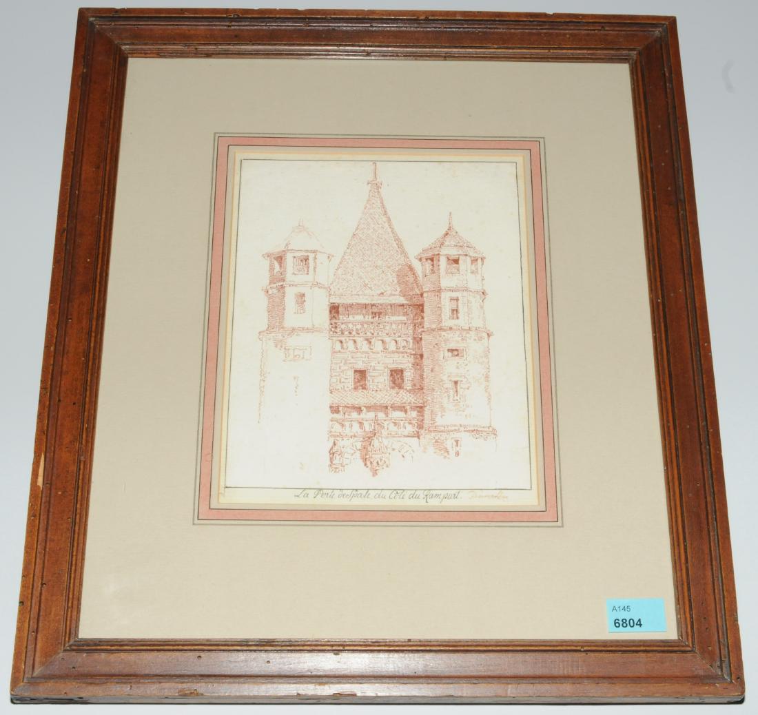 Basel, Spalentor "La Porte de Spale, du Coté du: Basel, Spalentor "La Porte de Spale, du Coté du Rampart". Rötelzeichnung um 1780. 17,6x13,7 cm. Gerahmt. - Alte Zuschreibung an Balthasar Anton Dunker.