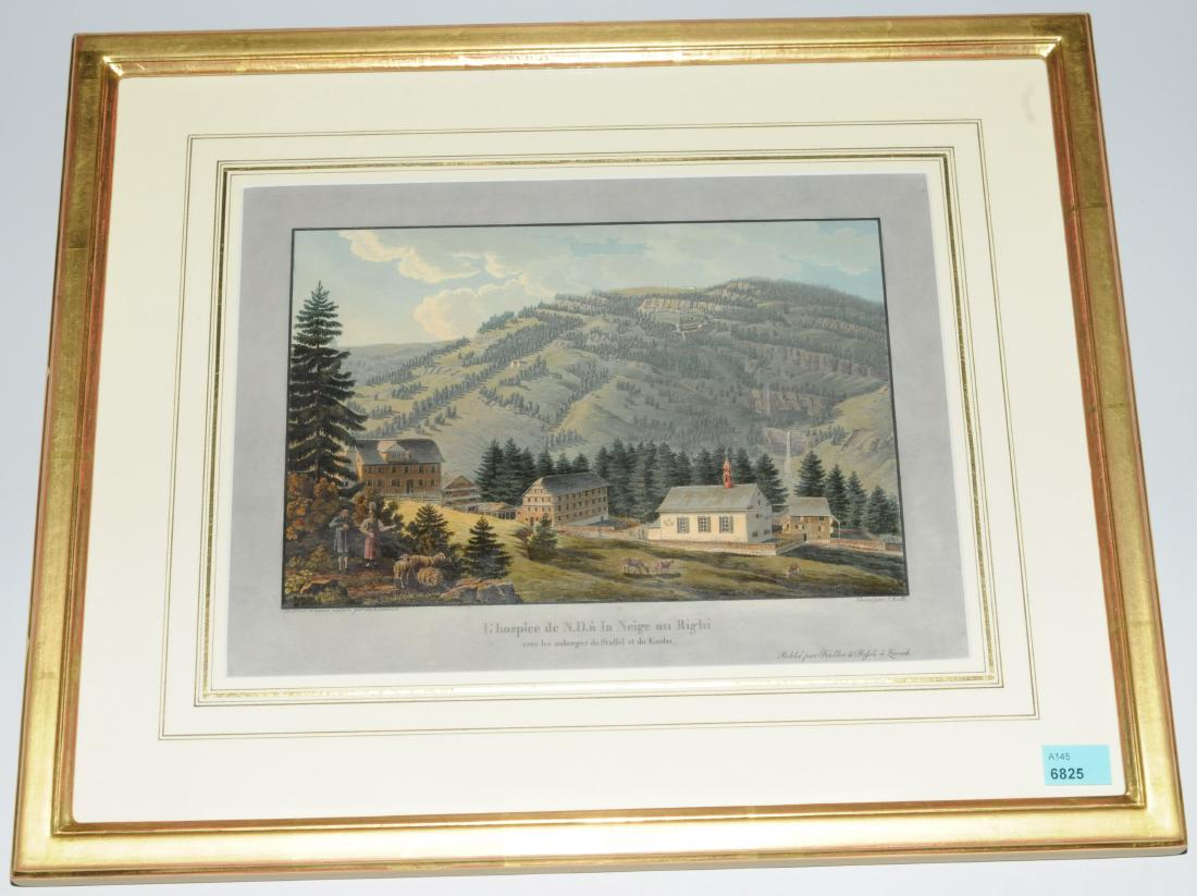 Rigi-Klösterli "L'hospice de N.D. à la Neige au Righi: Rigi-Klösterli "L'hospice de N.D. à la Neige au Righi vers les auberges du Staffel et du Koulm. Kol. Aquatinta von I. Kull nach D.A. Schmid. Hrsg. v. Keller & Füssli, um 1835. 16,1x23,8 cm. Gerahmt