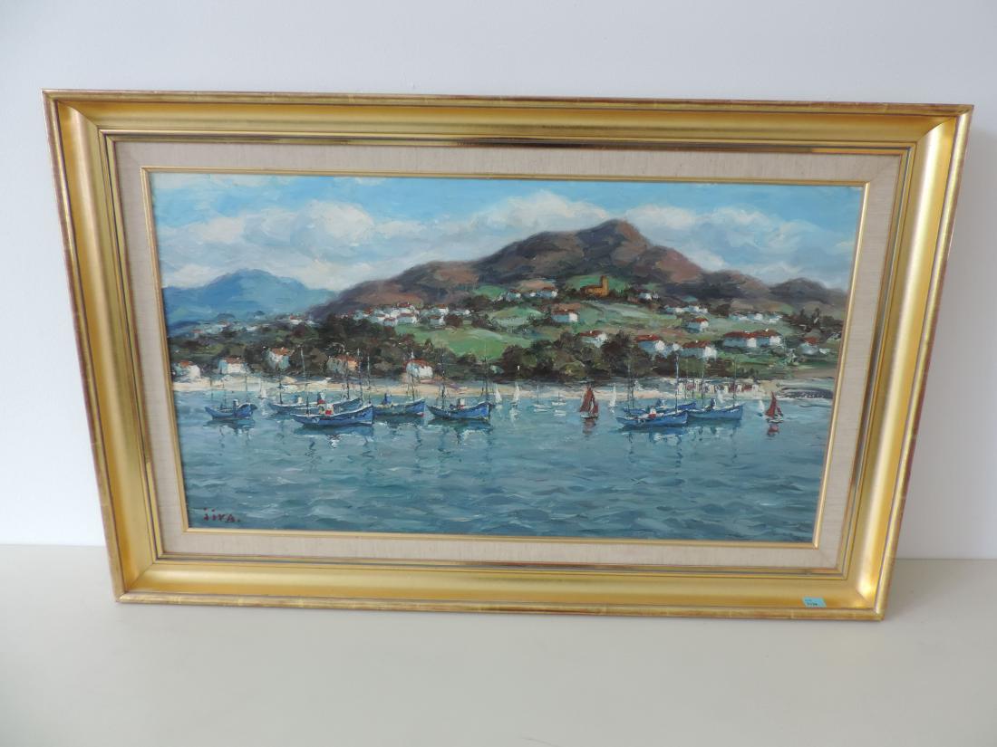 Jiva (Robert William Jivanovitch) (1907–1974,: Jiva (Robert William Jivanovitch) (1907–1974, arbeitete in Biarritz) Die Bucht von Saint-Jean-de-Luz. Öl auf Leinwand. Unten links signiert. Verso bezeichnet. 44x79 cm.