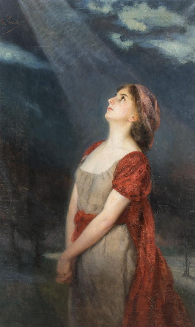Ehrlich, Felix (1866 Berlin 1931) Die Flehende. Öl auf: Ehrlich, Felix (1866 Berlin 1931) Die Flehende. Öl auf Leinwand. Oben links signiert. Verso Reste vom Etikett der Berliner Kunst-Ausstellung 1905. 140x85 cm.