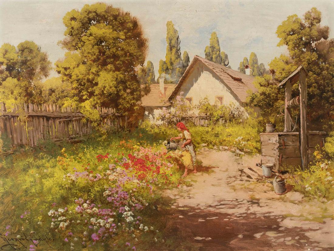 Neogrády, László (1861 Budapest 1942) Sommerliche: Neogrády, László (1861 Budapest 1942) Sommerliche Gartenansicht. Öl auf Leinwand. Unten links signiert. 60,5x80 cm.