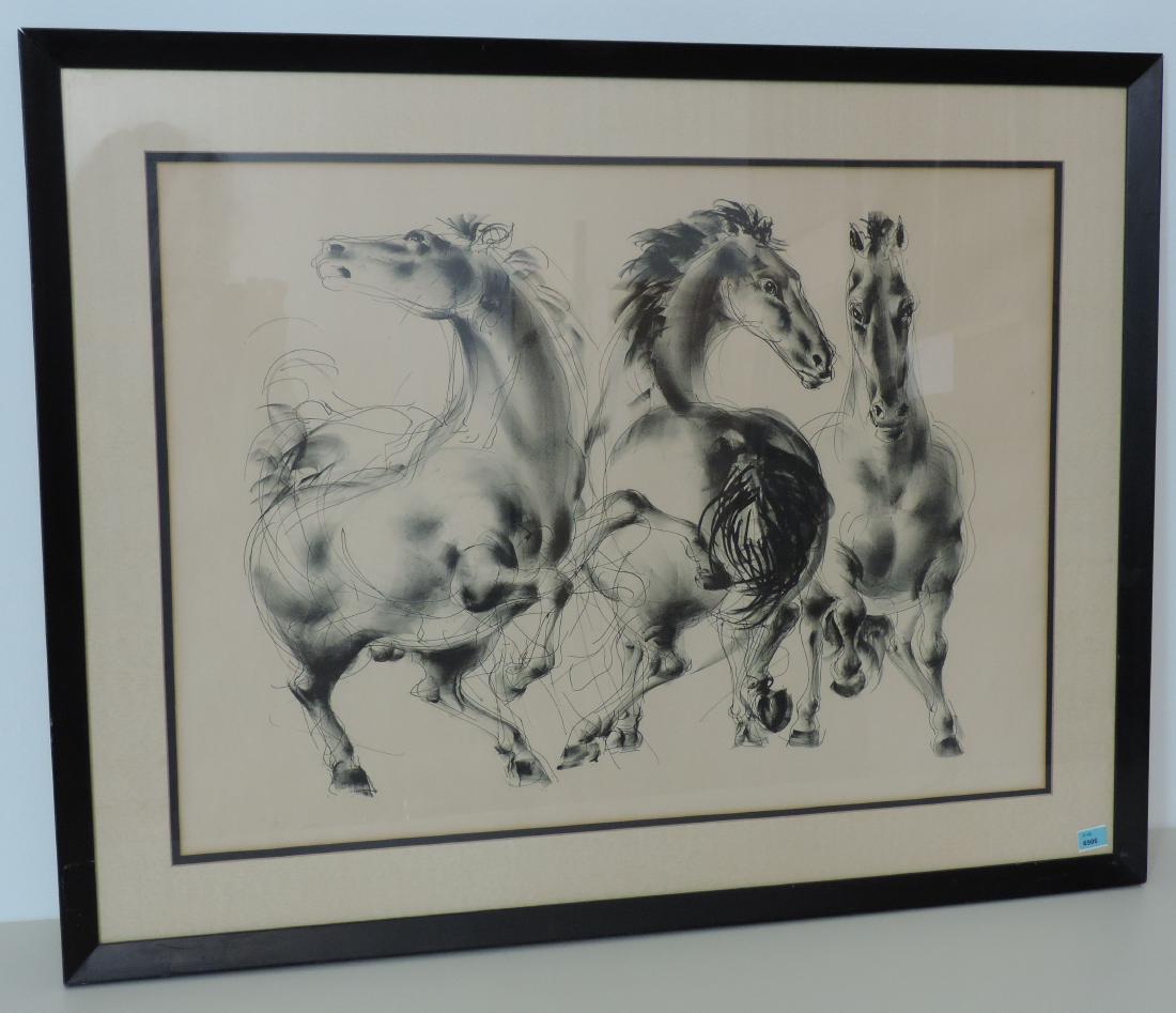 Erni, Hans (Luzern 1909–2015 Luzern) "Drei Pferde,: Erni, Hans (Luzern 1909–2015 Luzern) "Drei Pferde, Eines von vorne". 1955. Lithographie. 70/100. Unten rechts signiert. Lichtmass 48x65 cm. Gerahmt.