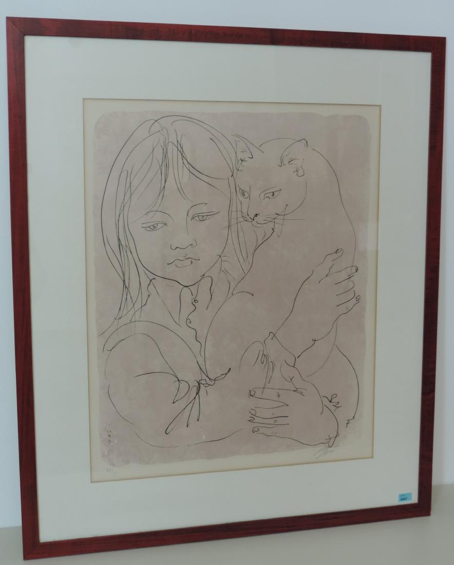 Erni, Hans (Luzern 1909–2015 Luzern) "Sybille und die: Erni, Hans (Luzern 1909–2015 Luzern) "Sybille und die Katze". 1974. Farblithographie. 66/90. Unten rechts signiert. Unten links im Druck datiert. Lichtmass 58x47 cm. Gerahmt.