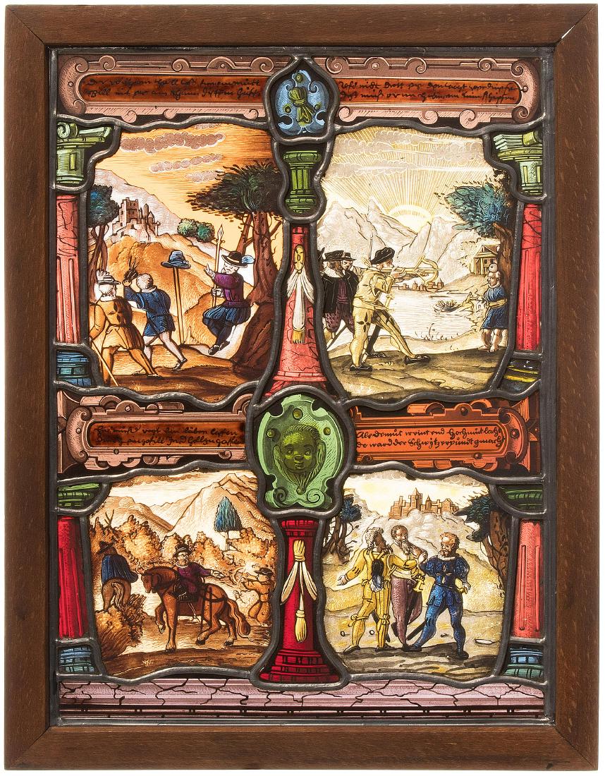 Glasscheibe "Tellssage" Schweiz, in der Art des: Glasscheibe "Tellssage" Schweiz, in der Art des 16.Jhs., mit 2 älteren Teilen. Glas geätzt und polychrom bemalt. In Bleifassung. Darstellungen in 2 Registern, flankiert von Säulen. 4 Szenen aus der