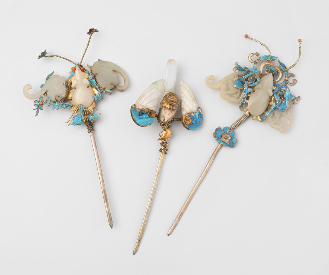 3 Haarnadeln China, 20.Jh. Weissmetall, eingelegt mit (1 of 1)