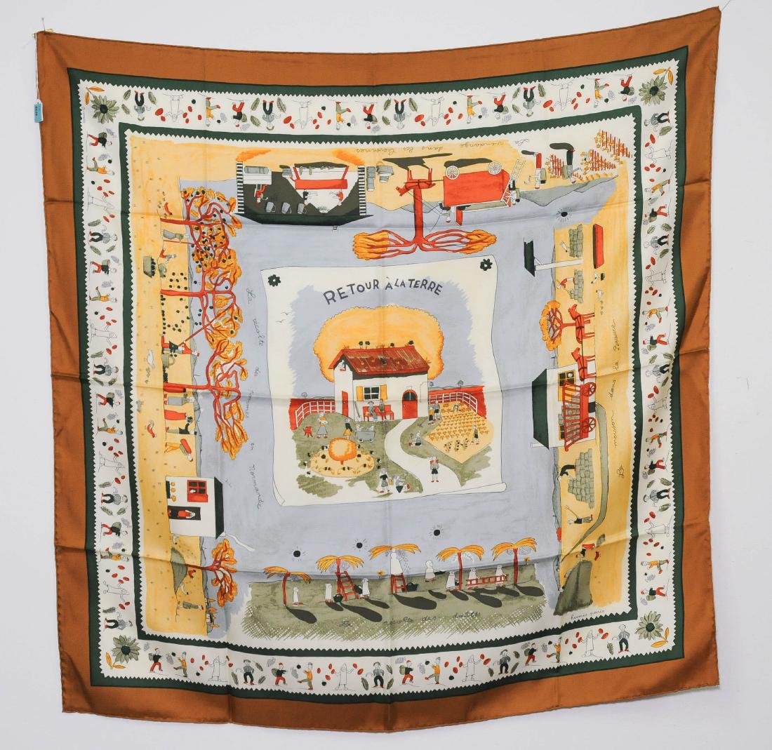 Hermès, Carré "Retour à la terre" Seide. Braune: Hermès, Carré "Retour à la terre" Seide. Braune Umrandung. 90x90 cm. Sehr guter Zustand.