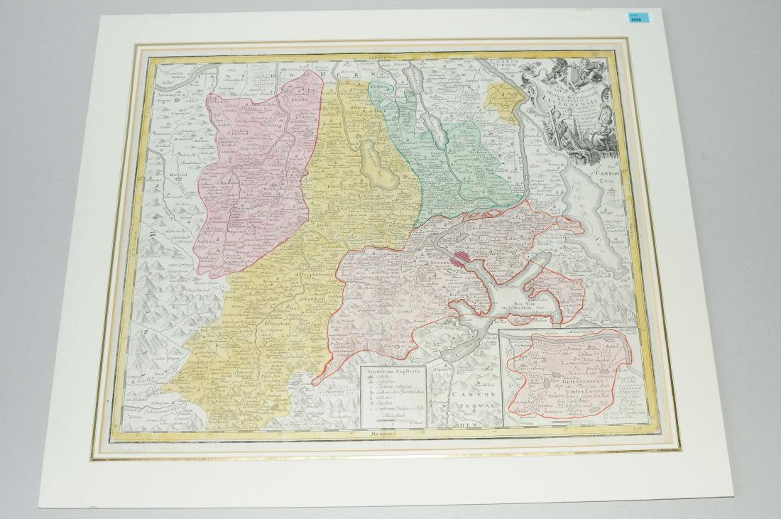 Luzern "Canton Lucern sive Illustris Helvetiorum: Luzern "Canton Lucern sive Illustris Helvetiorum Respublica Lucernensis". Flächenkol. Kupferstichkarte von G. Walser, bei Homann-Erben, 1763. 47,3x57,2 cm.