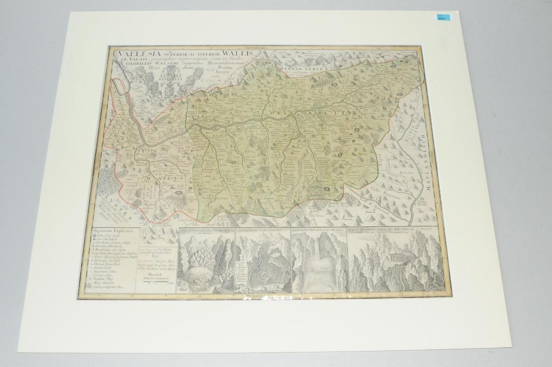 Wallis "Vallesia superior, ac inferior WAllis.: Wallis "Vallesia superior, ac inferior WAllis. Flächenkol. Kupferstichkarte, mit Ansichtskartuschen v. Leukerbad, Gr. St. Bernhard etc., von G. Walser bei Homann-Erben, 1768. 47,7x57,5 cm.