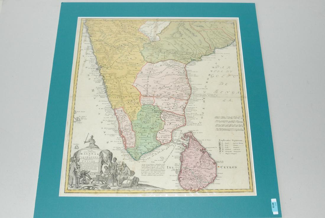 Indien "Peninsula Indiae citra Gangem, hoc est Orae: Indien "Peninsula Indiae citra Gangem, hoc est Orae celeberrimae Malabar & Coromandel cum adjacene Insula non minus celebratissima Ceylon". Kol. Kuferstichkarte, mit gr. Titelkartusche, bei Homann-Erb