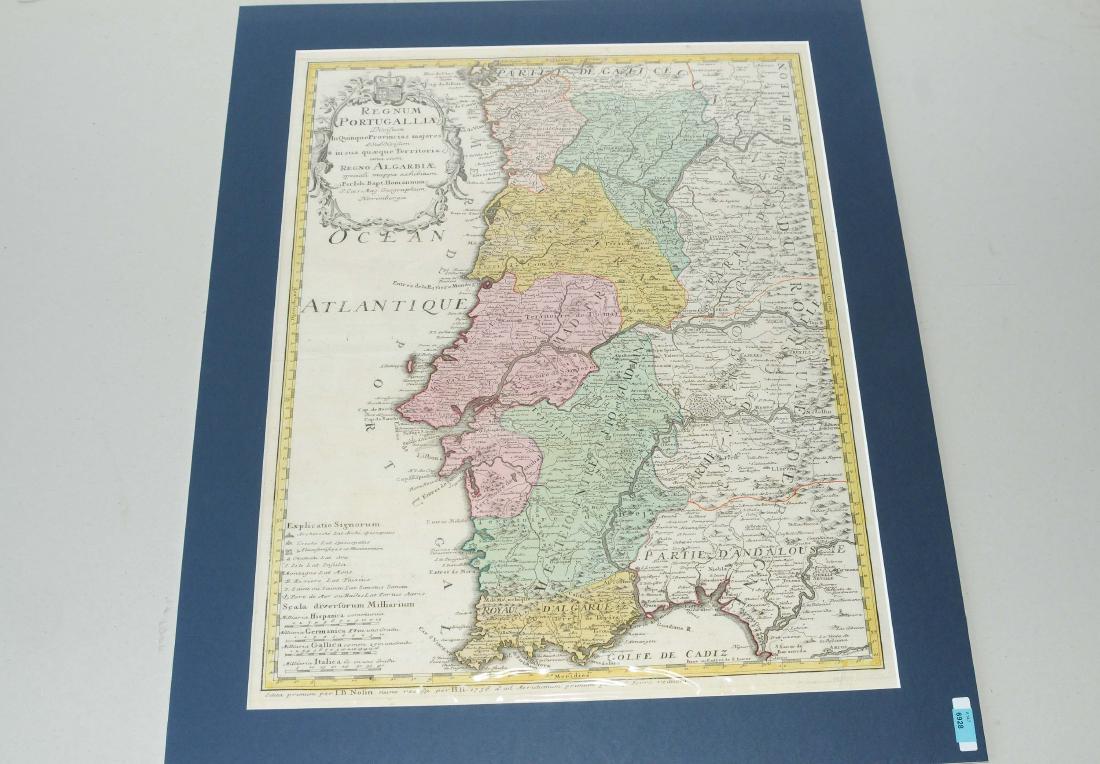 Portugal "Regnum Portugalliae Divisum in Quinque: Portugal "Regnum Portugalliae Divisum in Quinque Provincia majores & Subdivisum in sua quaeque Territoria una cum Regnum Algarbiae". Flächenkol. Kupferstichkarte von I.B. Nolin bei Homann, 1736. 59,3