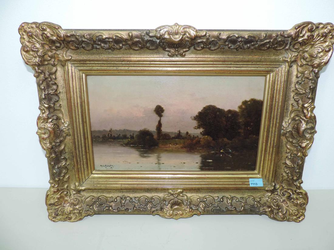 Delpy, Jacques Henri (Bois-le-Roi 1877–1957 Paris): Delpy, Jacques Henri (Bois-le-Roi 1877–1957 Paris) Flusslandschaft bei Abendstimmung. Öl auf Sperrholz. Unten links signiert. 18,8x33 cm.