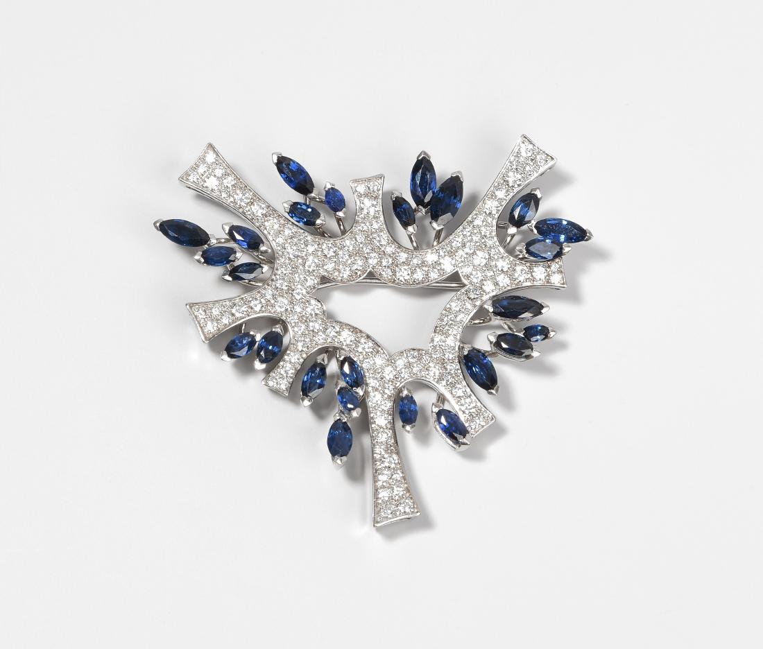 Saphir-Brillant-Brosche 750 Weissgold. Stilisierter (1 of 1)