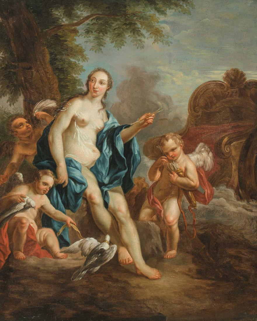 Süddeutsch, 18.Jh. Venus und Putti. Öl auf Leinwand.: Süddeutsch, 18.Jh. Venus und Putti. Öl auf Leinwand. 80x65 cm. - Geschnitten, doubliert. Neuer Keilrahmen.