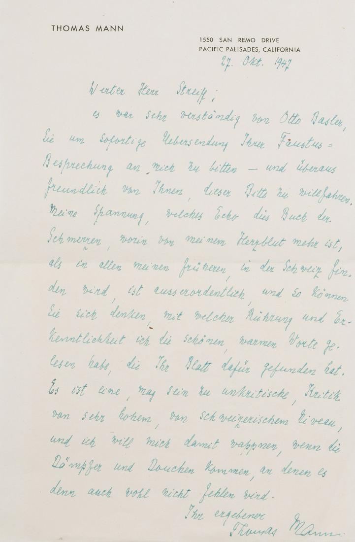 Mann, Thomas (Lübeck 1875–1955 Zürich) Eigenh. Brief,: Mann, Thomas (Lübeck 1875–1955 Zürich) Eigenh. Brief, mit Datum und Unterschrift, mit gedr. Briefkopf. Datiert "Pacific Palisades, 27. Okt. 1947". 8°. 1 S. Mit frankiertem OUmschlag (Santa Monica