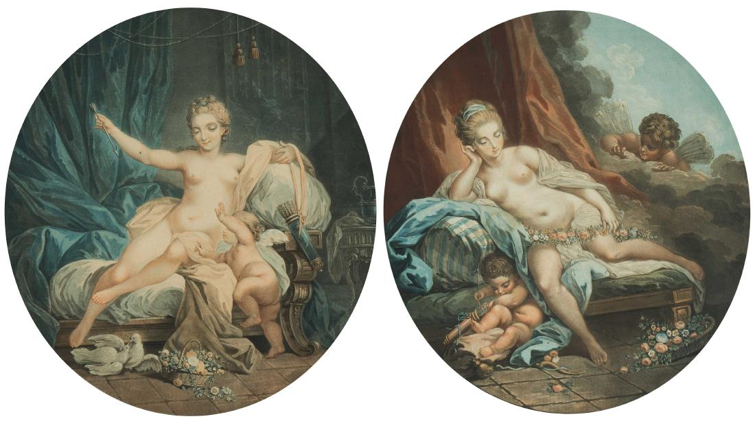 Janinet, Jean François (1752 Paris 1813) "Vénus en: Janinet, Jean François (1752 Paris 1813) "Vénus en réfléxion" und "Vénus désarmant l'amour". 2 Farbaquatinas nach Jacques Charlier (ca. 1720-1790). Je ca. 29x26 cm (Oval). Gerahmt. - Beide Bll. 