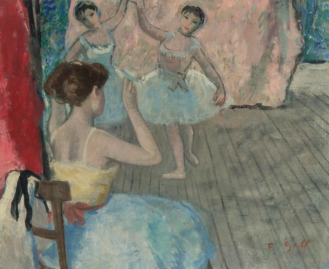 Gall, François (Kolozsvar 1912–1987 Paris) "Eugénie et: Gall, François (Kolozsvar 1912–1987 Paris) "Eugénie et les danseuses, répétition en coulisses". Öl auf Leinwand. Unten rechts signiert. Verso nummeriert 171. 22x27 cm.