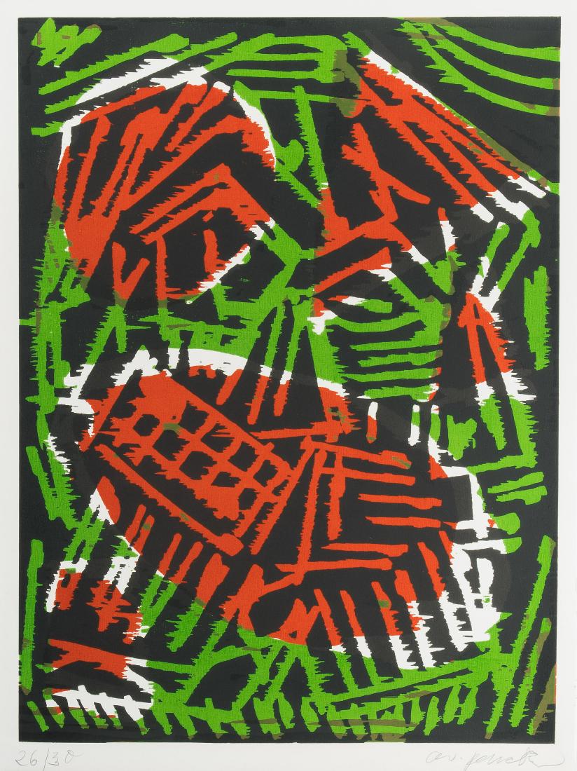 Penck, A.R. (Ralf Winckler) (Dresden 1939–2017 Zürich): Penck, A.R. (Ralf Winckler) (Dresden 1939–2017 Zürich) "Jäger". Motiv 4. Farbholzschnitt. 26/30. Unten rechts signiert. Blattgrösse 80,3x60 cm. -Ränder und Ecken leicht bestossen.