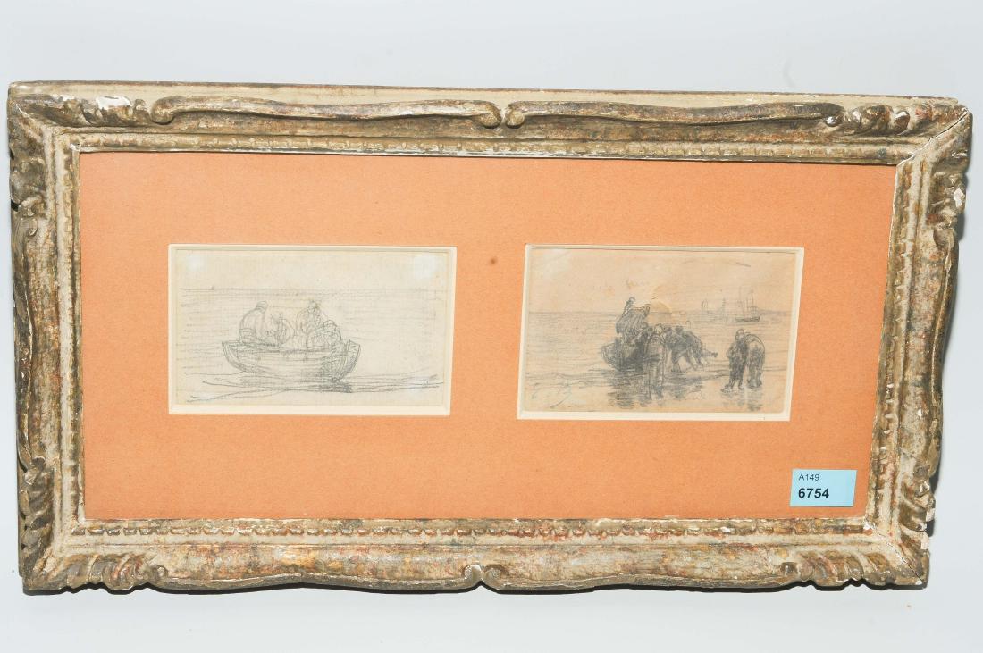 Boudin, Eugène (Honfleur 1824–1898 Deauville): Boudin, Eugène (Honfleur 1824–1898 Deauville) Fischerbarke am Ufer und am See. 2 Bleistiftzeichnungen, 1 Bl. mit Signaturstempel "E.B.". Je ca. 6x10 cm. Zusammen in einem Rahmen.