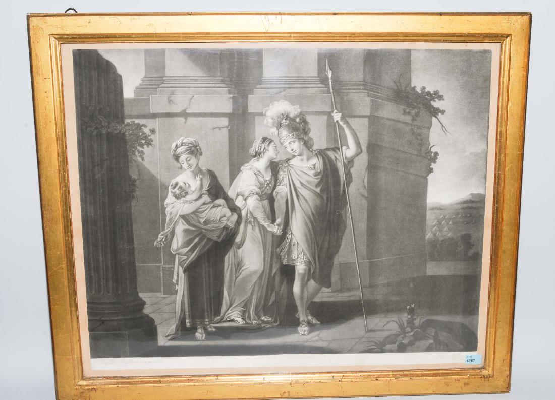 Kauffmann, Angelica (Chur 1741–1807 Rom) Nach Hektors: Kauffmann, Angelica (Chur 1741–1807 Rom) Nach Hektors Abschied von Andromache. Schabkunstblatt von J. Watson nach A. Kauffmann, hg. von R. Sayer, 1771. 44x58 cm. Gerahmt.