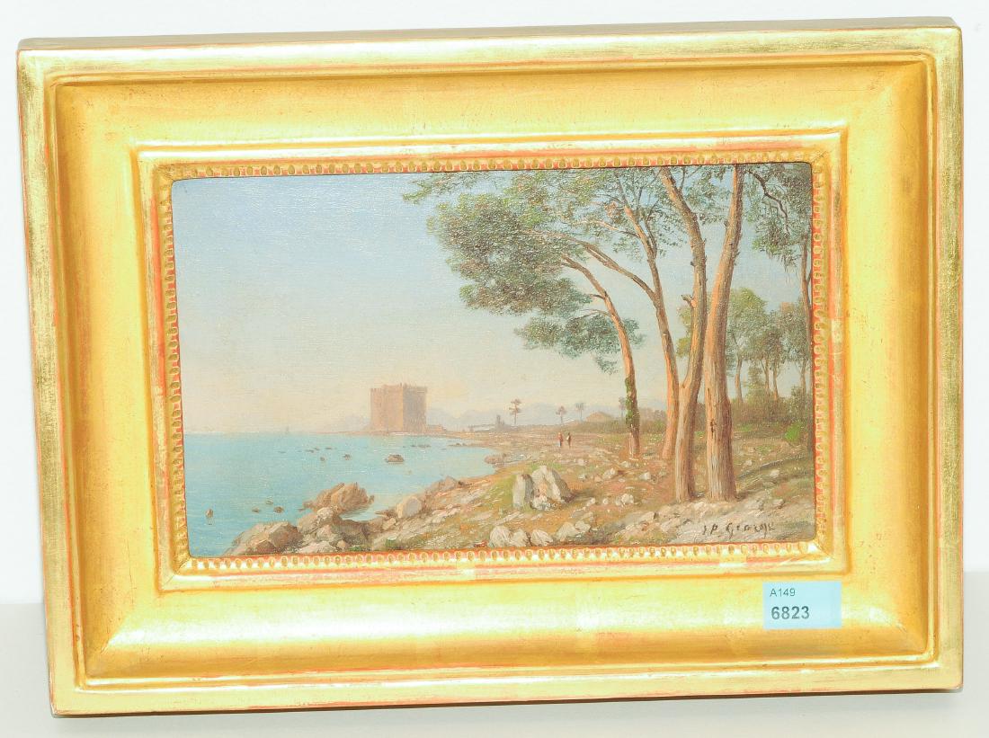 George-Julliard, Jean-Philippe (1818 Genf 1888): George-Julliard, Jean-Philippe (1818 Genf 1888) Südliche Küstenlandschaft mit Wehrturm und Pinienwäldchen. Öl auf Karton. Unten rechts signiert. 12,5x20 cm.