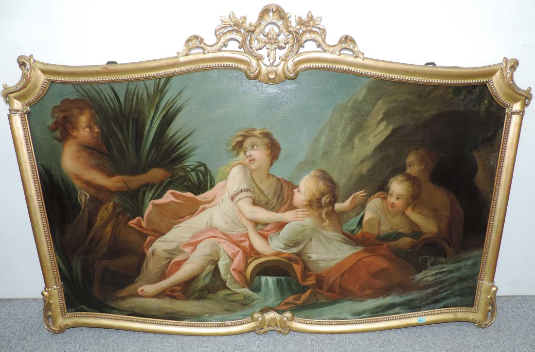 Boucher, François (1703 Paris 1770) in der Art Pan und: Boucher, François (1703 Paris 1770) in der Art Pan und Syrinx. Öl auf Leinwand. 83,5x141,5 cm (obere Ecken abgerundet).