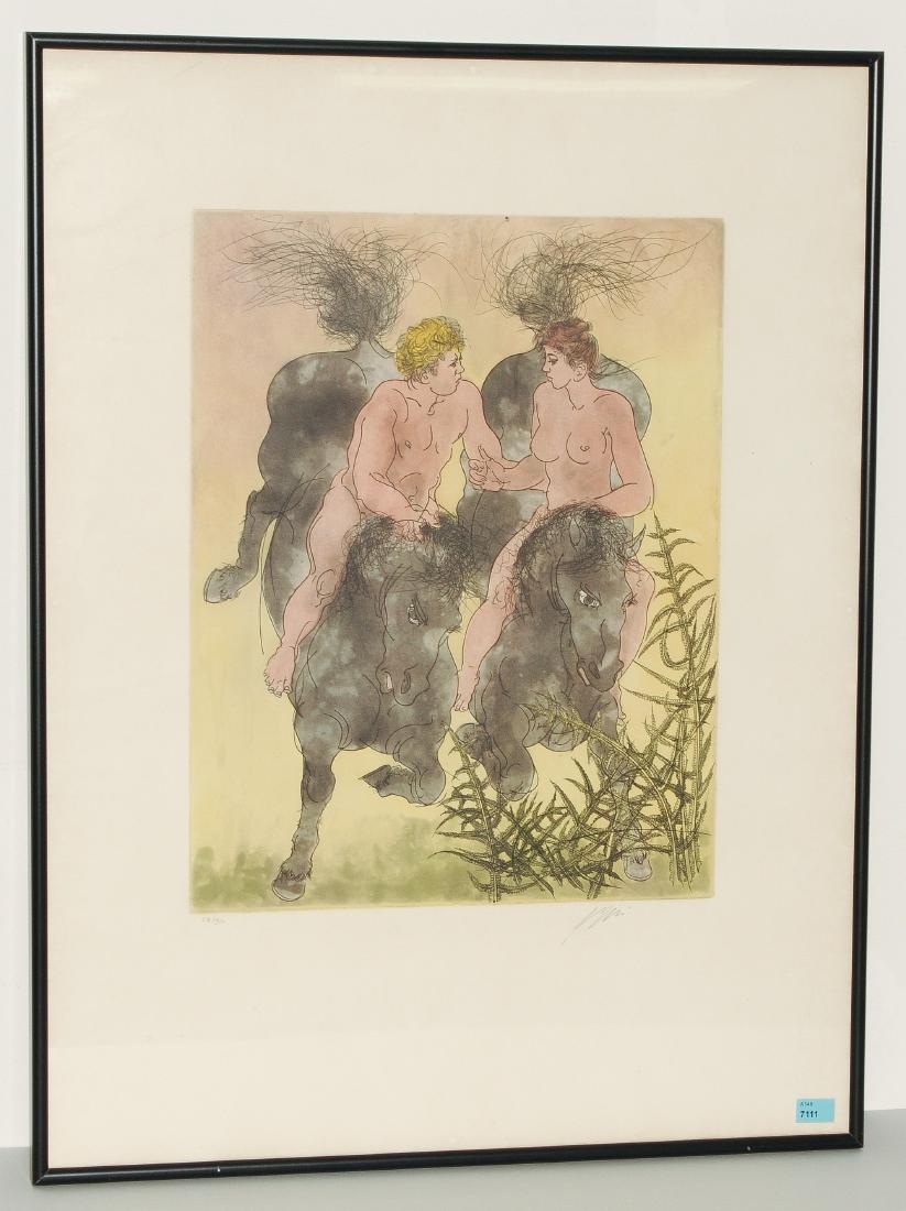 Erni, Hans (Luzern 1909–2015 Luzern) Liebespaar auf: Erni, Hans (Luzern 1909–2015 Luzern) Liebespaar auf Pferden. Farbaquatintaradierung. 23/90. Unten rechts signiert. Lichtmass 65,5x49,5 cm. Gerahmt.