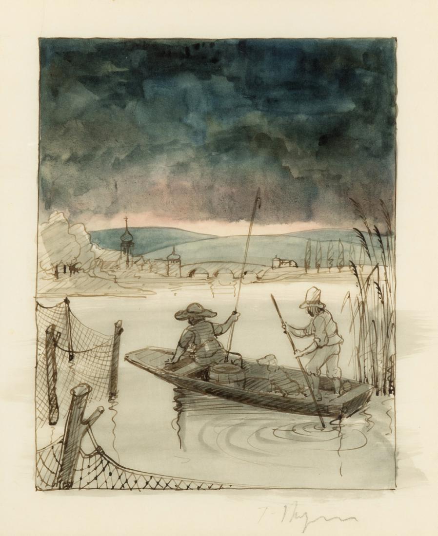 Ungerer, Tomi (Strasbourg 1931) Fischer in Morgenlicht: Ungerer, Tomi (Strasbourg 1931) Fischer in Morgenlicht "Freut euch...", Mischtechnik auf Transparentpapier. Unten rechts in Bleistift signiert. Verso betitelt. Blattgrösse 35,3x28 cm. Gerahmt. -Blatt