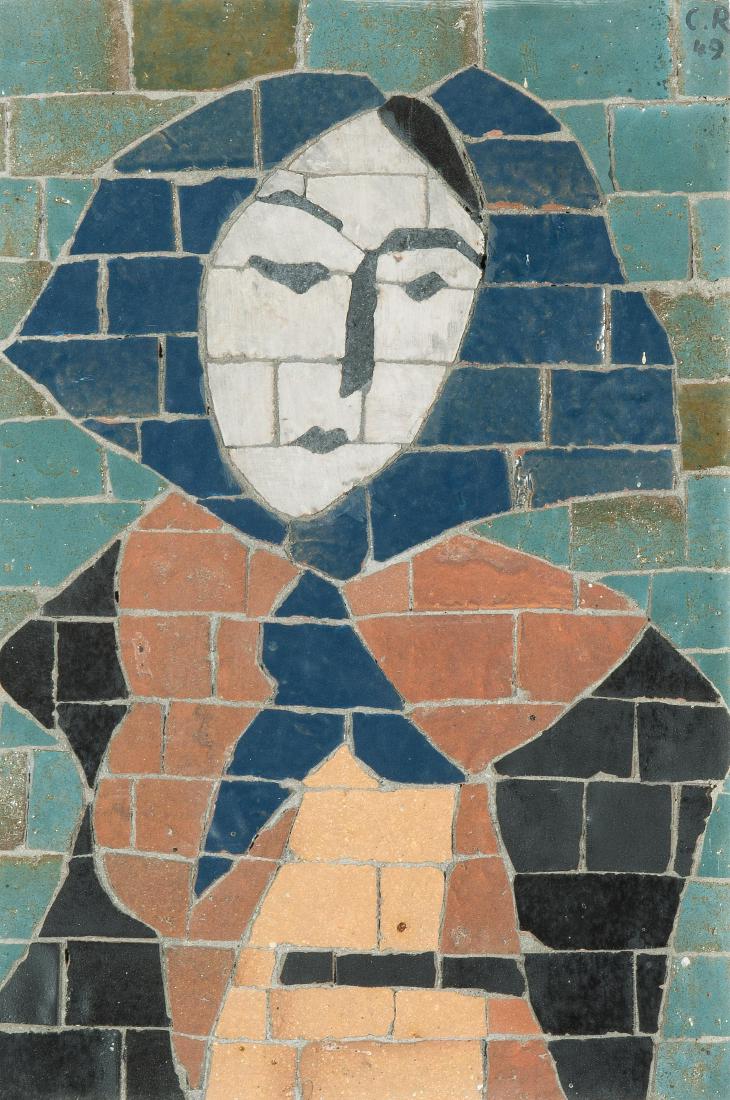 Roesch, Carl (Diessenhofen 1884–1979 Diessenhofen): Roesch, Carl (Diessenhofen 1884–1979 Diessenhofen) Bäuerin. 1949. Mosaik. Oben rechts monogrammiert und datiert. 32x23 cm. Gerahmt. -Leicht fleckig. Patina.