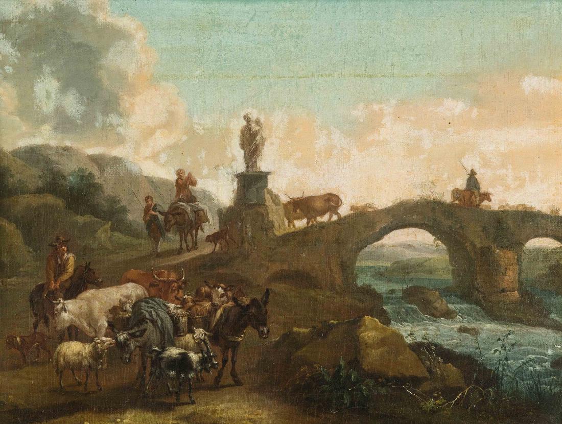 Dujardin, Karel (Amsterdam 1622–1678 Venedig): Dujardin, Karel (Amsterdam 1622–1678 Venedig) Nachfolger d. 18.Jhs. Viehherde bei einer Steinbrücke. Öl auf Leinwand. 33,5x43,7 cm.