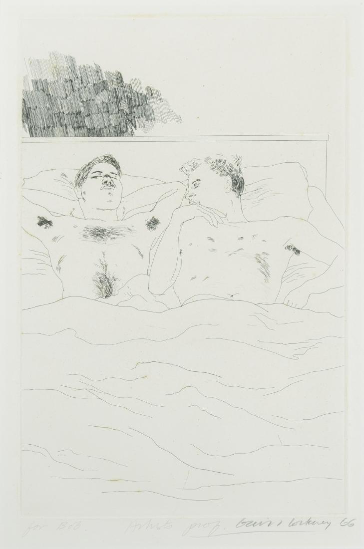 Hockney, David (Bradford 1937) Aus: ~qIllustrations for: Hockney, David (Bradford 1937) Aus: ~qIllustrations for Fourteen Poems from C.P. Cavafy~q. 1966. Radierung. Artists proof. Unten rechts in Bleistift signiert. Unten links mit Widmung. Plattengrösse 3