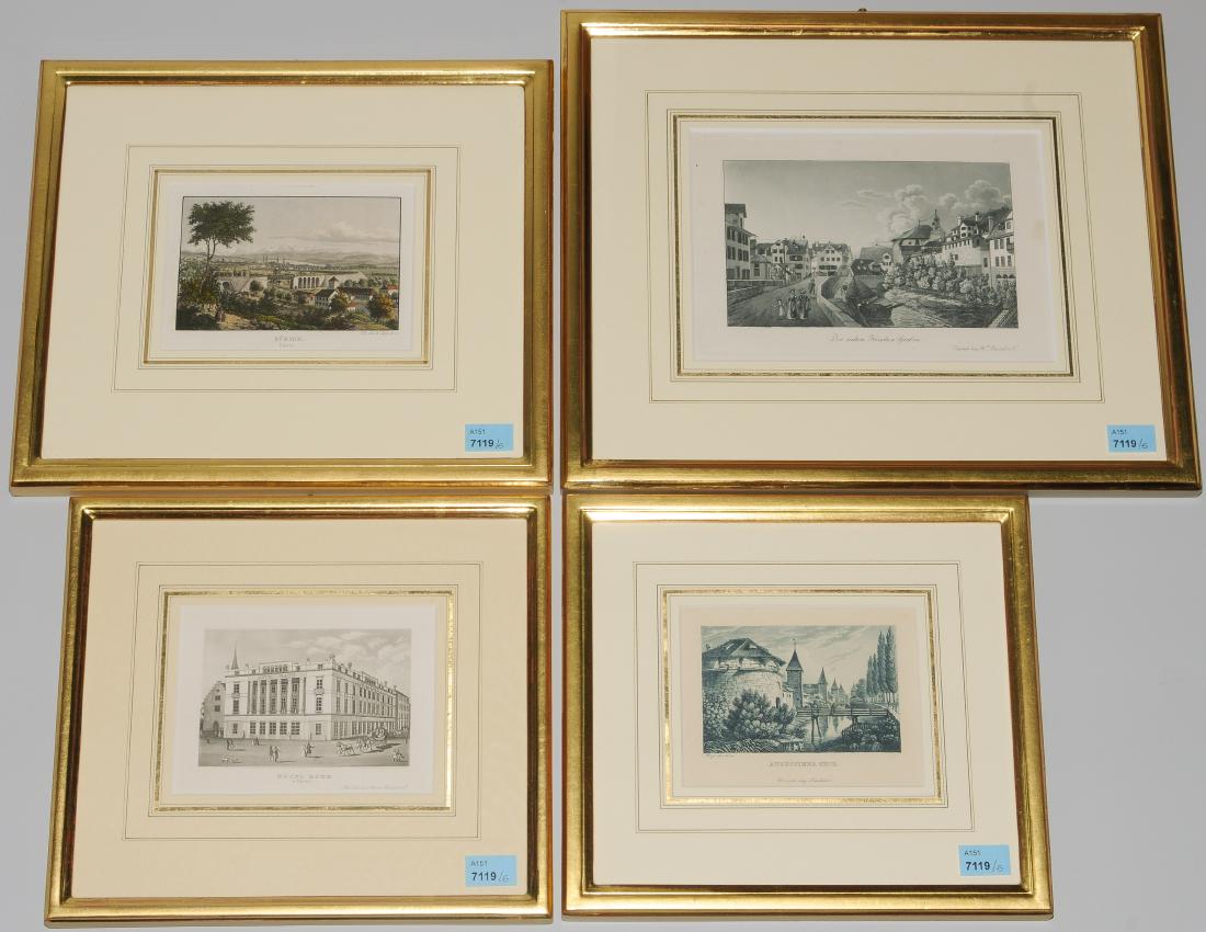 Zürich Sammelnummer mit 6 (2 kol.) Aquatintas mit: Zürich Sammelnummer mit 6 (2 kol.) Aquatintas mit Gesamt- und Detailansichten der Stadt, von Hch. Füssli, Th. Beck, J.H. Locher u.A., 1825/60. 6,6x9,8 cm bis 10,6x14,5 cm. Zus. 6 Bll. Alle Bll. gera