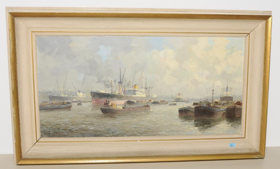 Jongere, Marinus Johannes de (Holland 1912–1977) Hafen: Jongere, Marinus Johannes de (Holland 1912–1977) Hafen von Rotterdam. Öl auf Leinwand. Unten links signiert. 40x80 cm.