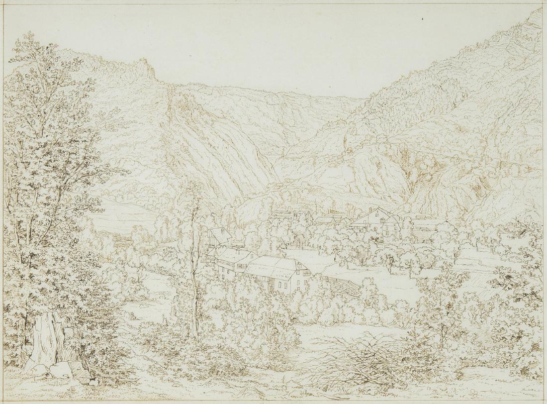 Juralandschaft: Landschaft bei La Reuchenette(?). Tuschfeder in Bister von J.J. Hartmann, Ende 18.Jh. 23x31,5 cm. Gerahmt.
