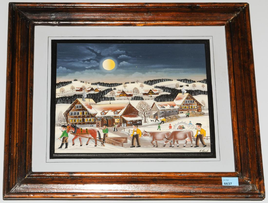 Staub, Erich: (Geb. St. Gallen 1942) Winterlandschaft bei Vollmond. Öl auf Hartfaserplatte. Unten rechts signiert. 20x25 cm. Gerahmt.