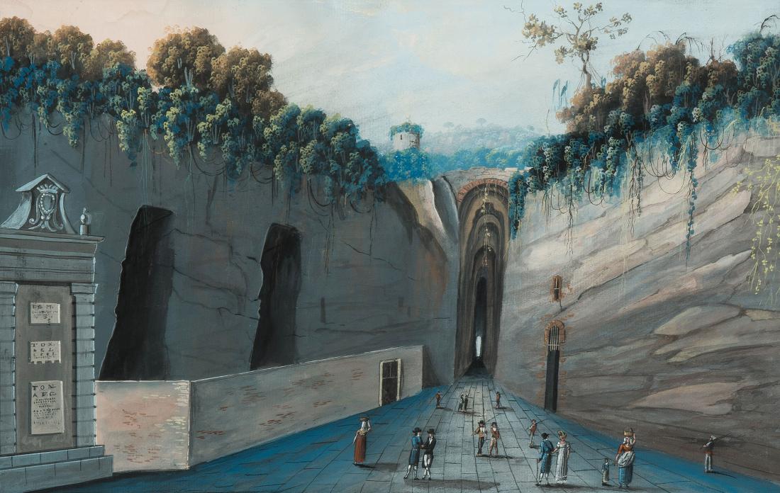 Roberto, Ferdinando: (Tätig, Neapel 1.H.19.Jh.) "Grotta di Pozzuoli". Gouache, um 1840. 29,5x40,5 cm. Gerahmt. - Mit breitem schwarz gouachierten Rand.
