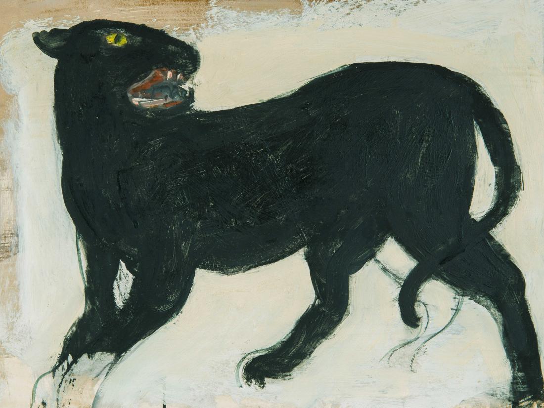 Comensoli, Mario: (Lugano 1922–1993 Zürich) "La panthère noir", 1977. Öl und Tempera auf Hartfaserplatte. Verso signiert, bezeichnet, datiert und dediziert. 29,5x39 cm.