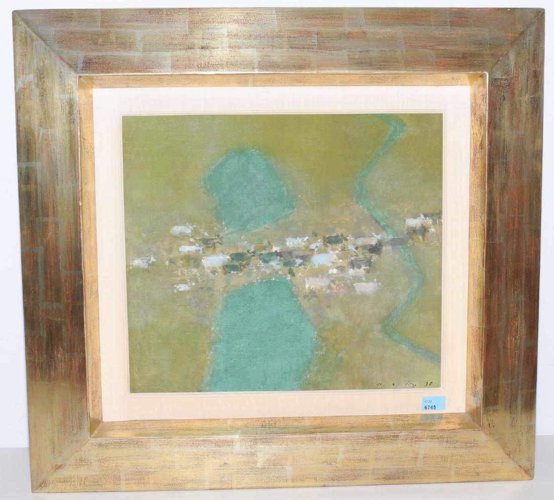 Sigg, Hermann Alfred: (Geb. Zürich 1924) Kühe in weiter Landschaft, 1978. Öl auf Leinwand über Hartfaserplatte. Unten rechts signiert und datiert. 35x39 cm.