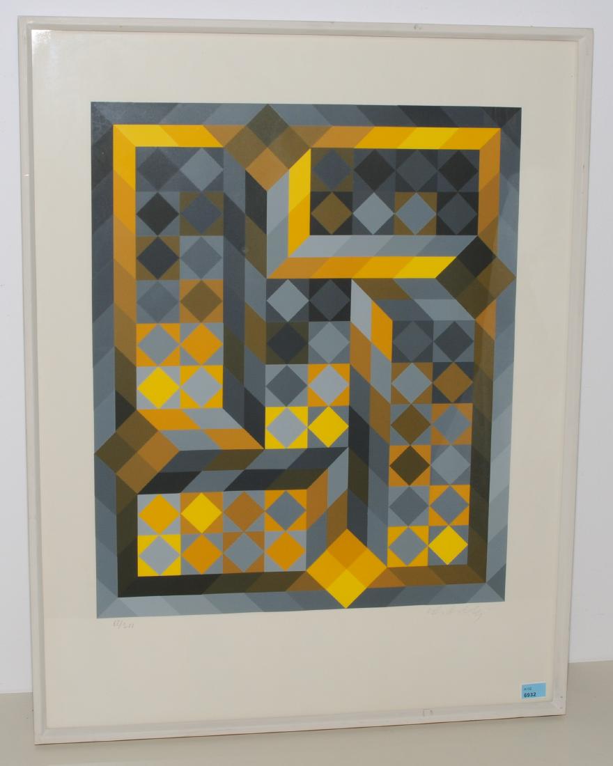 Vasarely, Victor: (Pécs (Ungarn) 1908–1997 Paris) Ohne Titel. Komposition in Gelb- und Grautönen. Farbserigraphie. 63/200. Unten rechts signiert. Lichtmass 65x50 cm. Gerahmt.