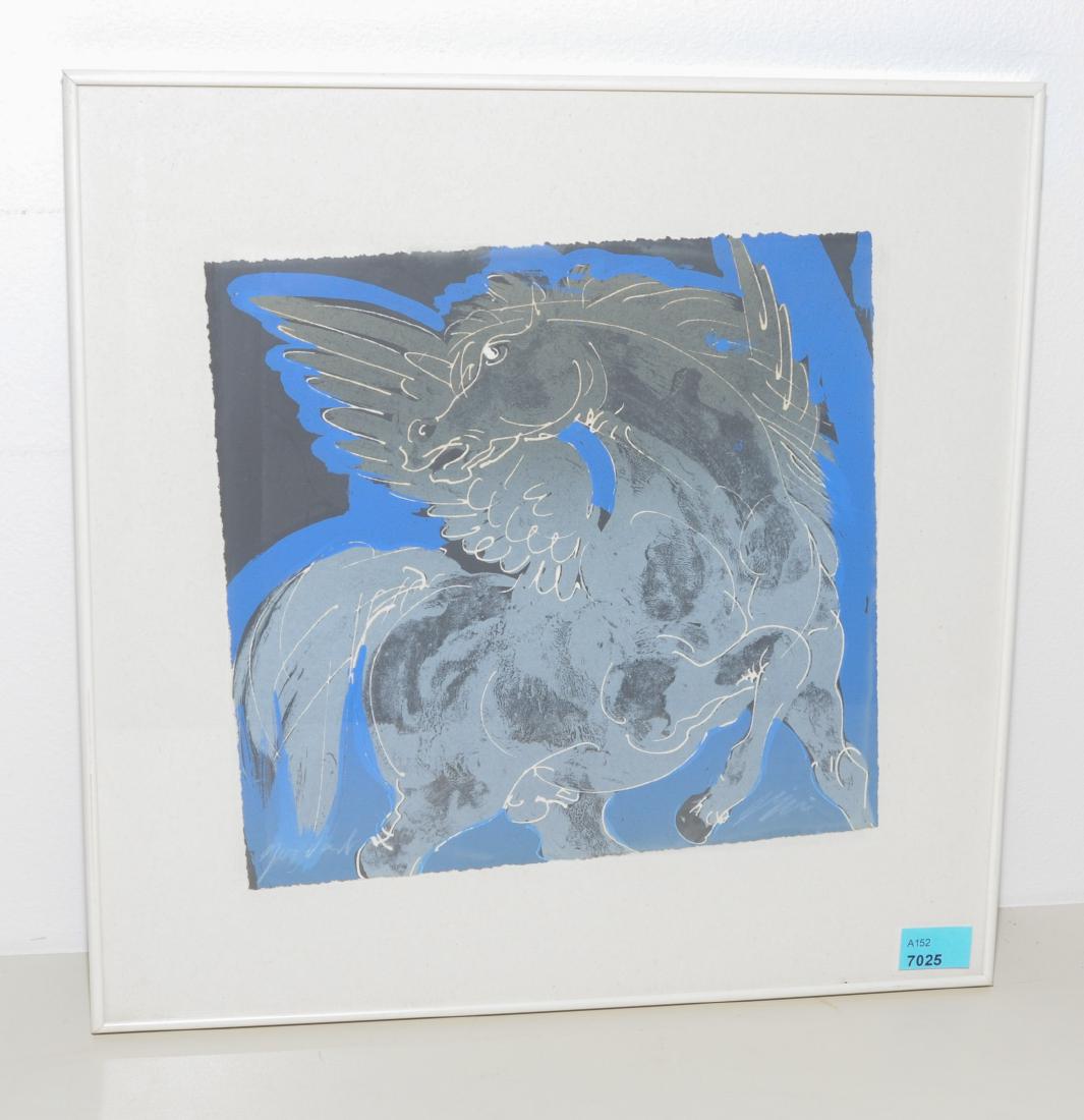 Erni, Hans: (Luzern 1909–2015 Luzern) Pegasus. Farblithographie. Epr. d'art. Unten rechts signiert. Blattgrösse 20x20,8 cm. Gerahmt.