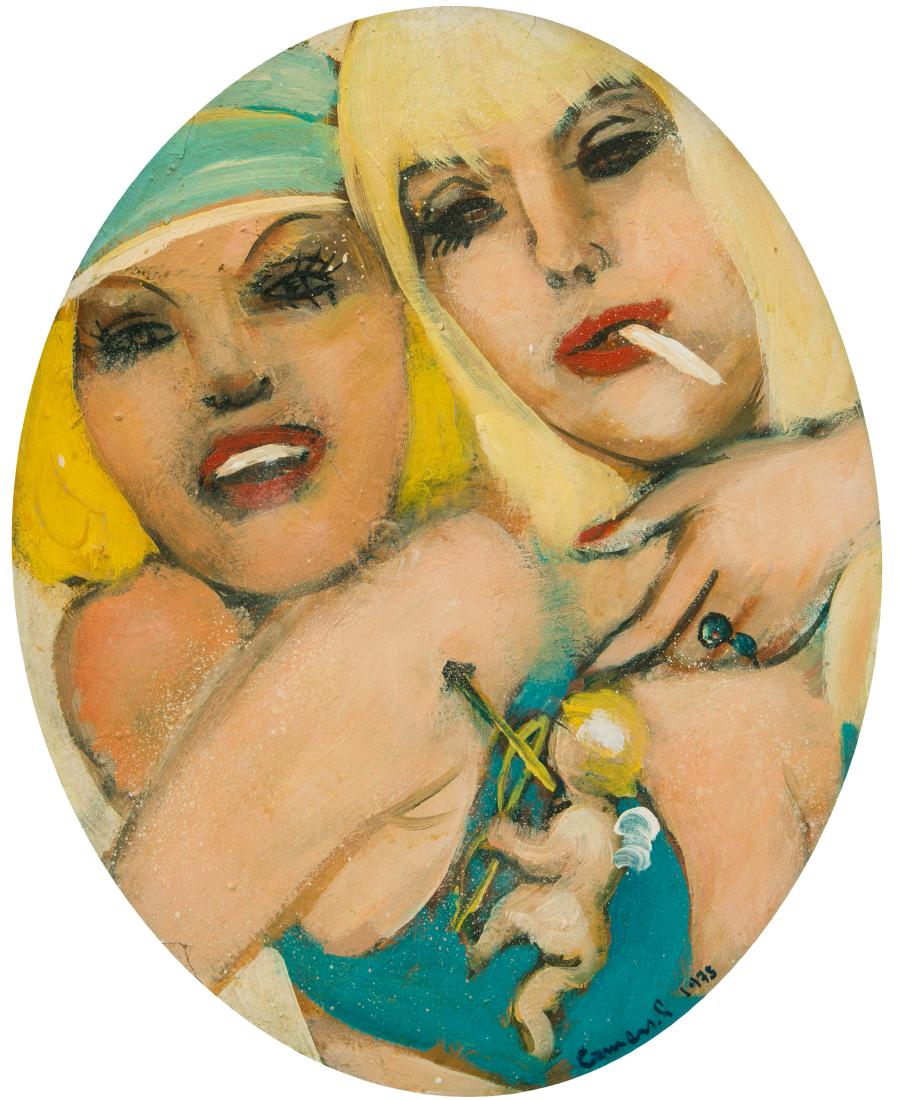 Comensoli, Mario: (Lugano 1922–1993 Zürich) Amors Pfeil, 1977. Öl auf Hartfaserplatte. Unten rechts signiert und datiert, verso dediziert. Oval. 50x40 cm. - Im linken Randbereich Pigmentabhebungen. Rechts kleiner P