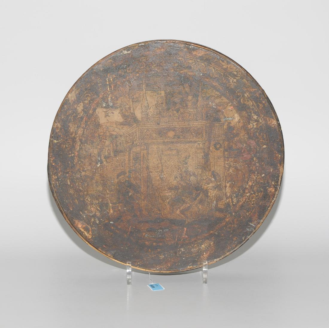 Spanschachtel: 19.Jh., in der Art des 16.Jhs. Nadelholz, polychrom gefasst. Rundform. Deckel mit partiell koloriertem Holzschnitt. D 31 cm. - Farbverluste.