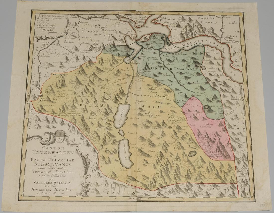 Unterwalden: "Canton Unterwalden sive Pagus Helvetiae Subsylvanus cum djacentibus Terrarum Tractibus ...". Flächenkol. Kufperstichkarte von G. Walser bei Homann Erben, 1767. 47,6x52,8 cm.