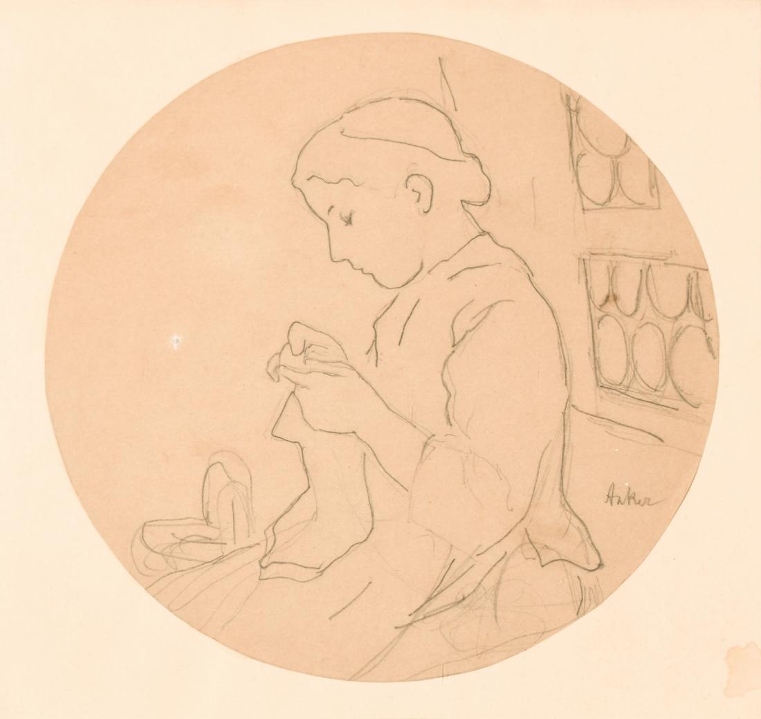 Anker, Albert: (1831 Ins 1910) Stickendes Mädchen. Bleistiftzeichnung, sign. "Anker" u. r. Rund. DM 19,7. Gerahmt. - Alt montiert.