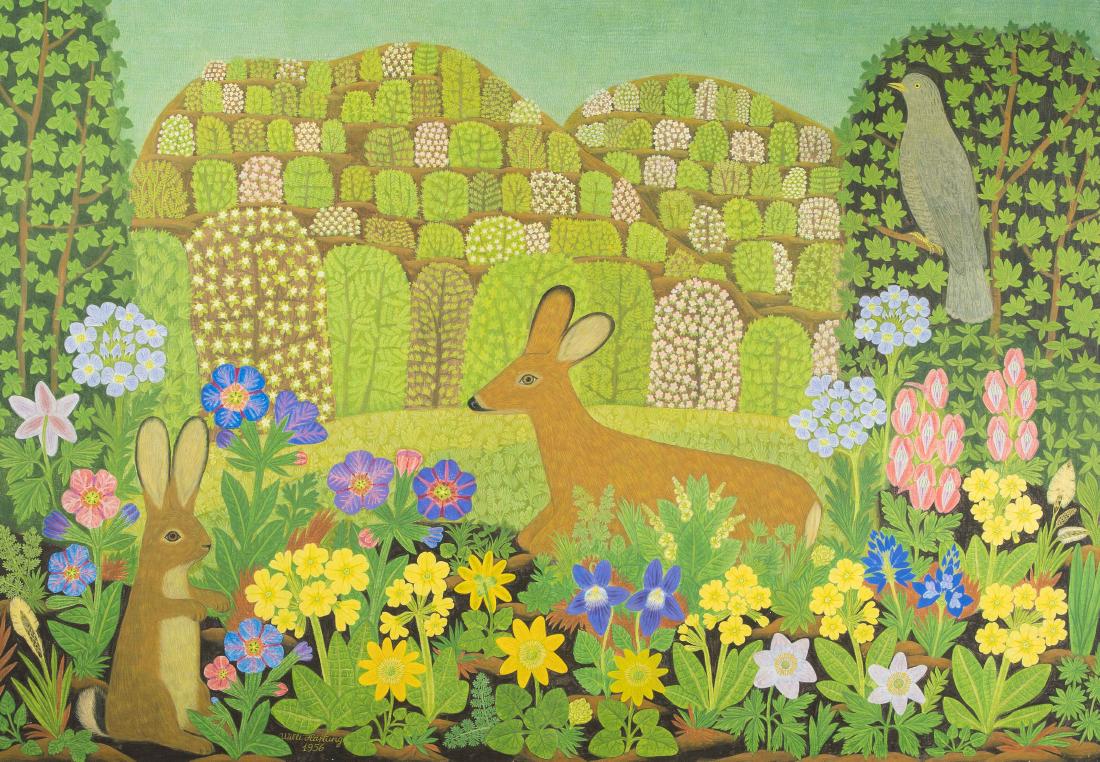 *Hartung, Willi: (Zürich 1915–1987 Sternenberg) "Waldwiese im Frühling", 1956. Tempera auf Leinwand. Unten links signiert und datiert, verso auf Künstleretikett bezeichnet. 80x115 cm. - In der linken unteren Ecke