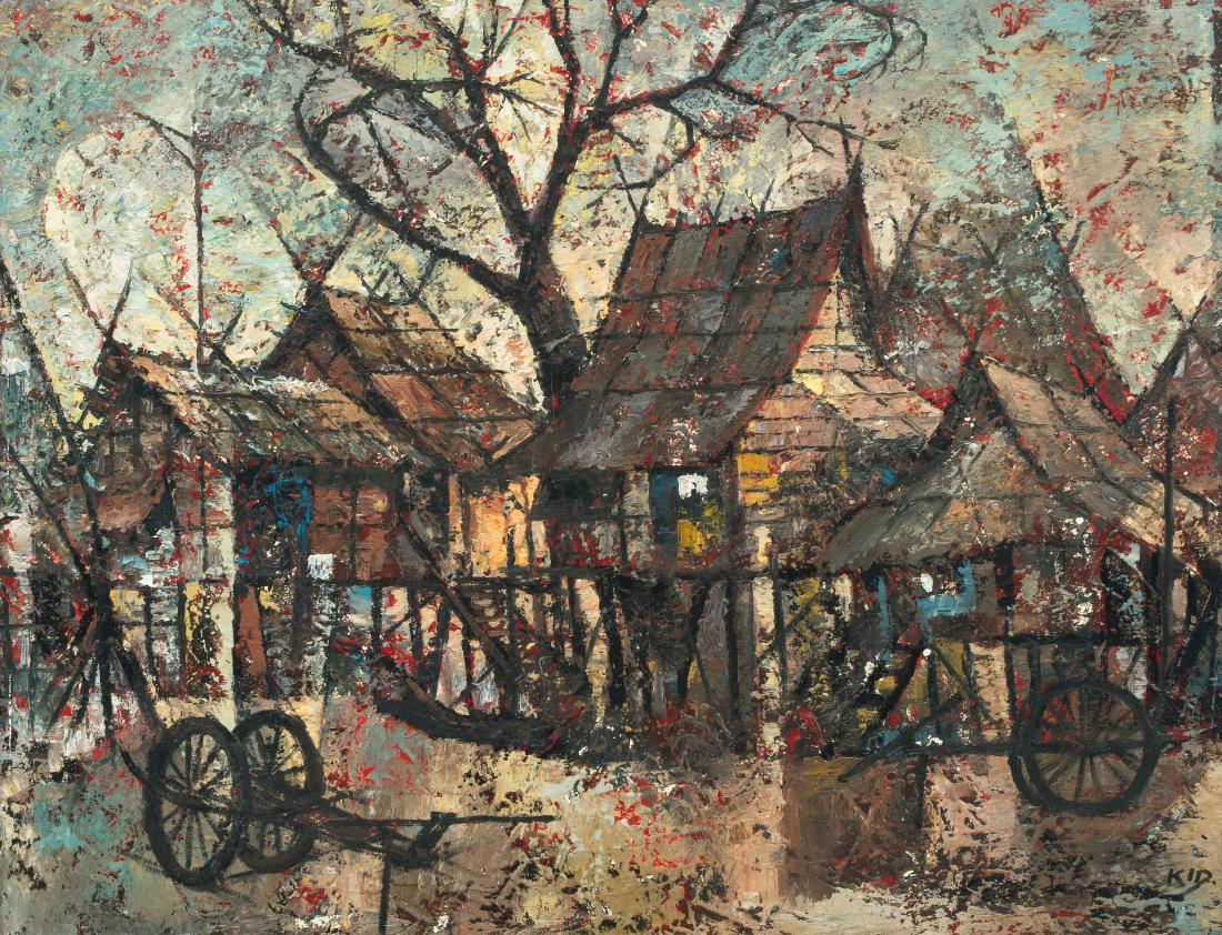 Kosolawat, Kid: (Thailand 1917–1988) Ansicht eines thailändischen Dorfes. Öl auf Leinwand. Unten rechts signiert "KID". 70,5x90,5 cm. - Kraqueliert. Kleine Bestossung oben links.