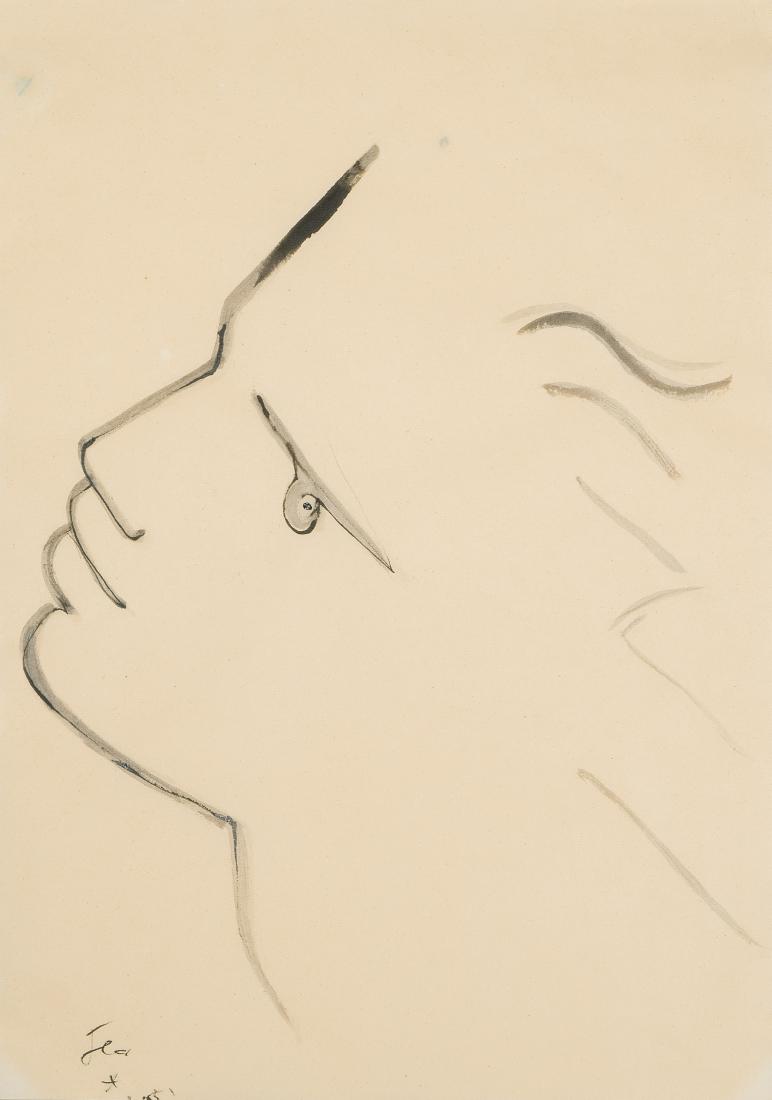 Cocteau, Jean: (Maison-la-Fitte 1889–1963 Milly-la-Fôret) "Profile". 1951. Tusche auf Papier. Unten links signiert und datiert. Blattgrösse 41,9x26,2 cm. Gerahmt. -Blatt leicht gebräunt und leicht fleckig. Hell