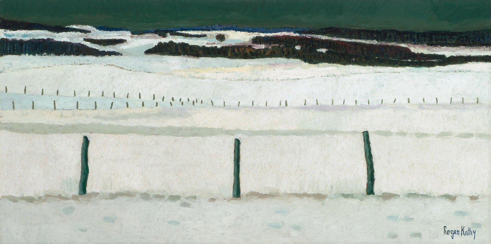 Kathy, Roger: (Leuven 1934–1979 Lenzburg) Winterlandschaft. Öl auf Leinwand. Unten rechts signiert. 40x80 cm.